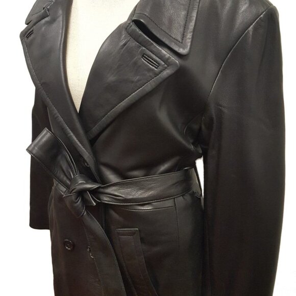 Women’s Full Length Long Luxurious Soft Black Leather Double Breasted Belted - Picture 3 of 3